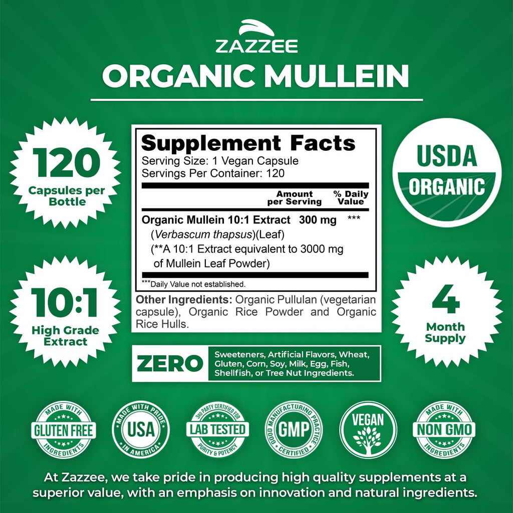 Zazzee Organic Mullein Leaf Extract in official packaging offers 120 vegan capsules, ensuring high-quality and organic wellness support at Curat Cart.