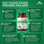 Zazzee Organic Mullein Leaf Extract in premium imported packaging, offering 120 capsules for optimal health. Available at Curat Cart.