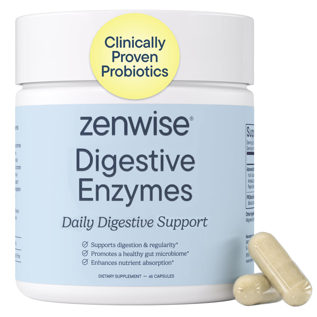 Zenwise Health Digestive Enzymes Probiotics - Front Packaging With Key Benefit Callouts | Authentic Curat Cart Stock