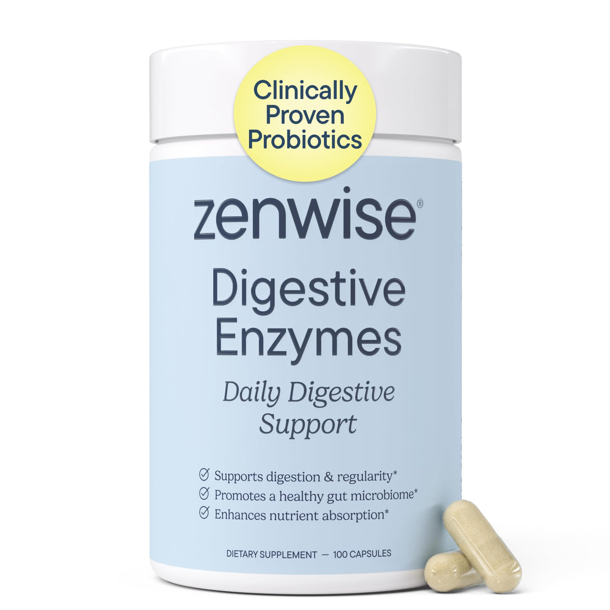 Zenwise Health Digestive Enzymes Probiotics - Front Packaging With Key Benefits | Authentic Curat Cart Stock