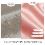 Comparison of silk sleep bonnet's smooth satin on the right vs. rough texture on the left. Emphasizes breathability and gentleness.