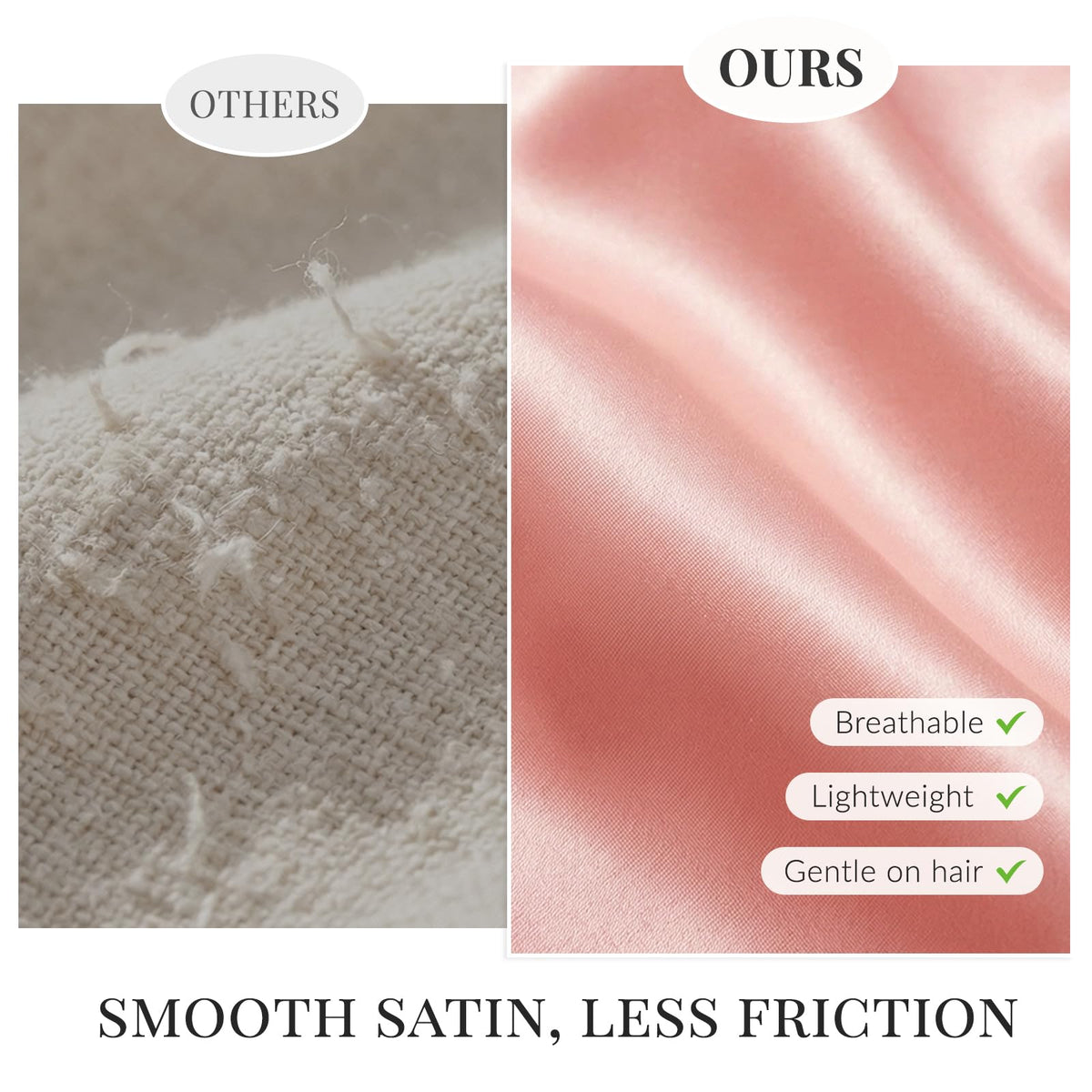 Comparison of silk sleep bonnet's smooth satin on the right vs. rough texture on the left. Emphasizes breathability and gentleness.
