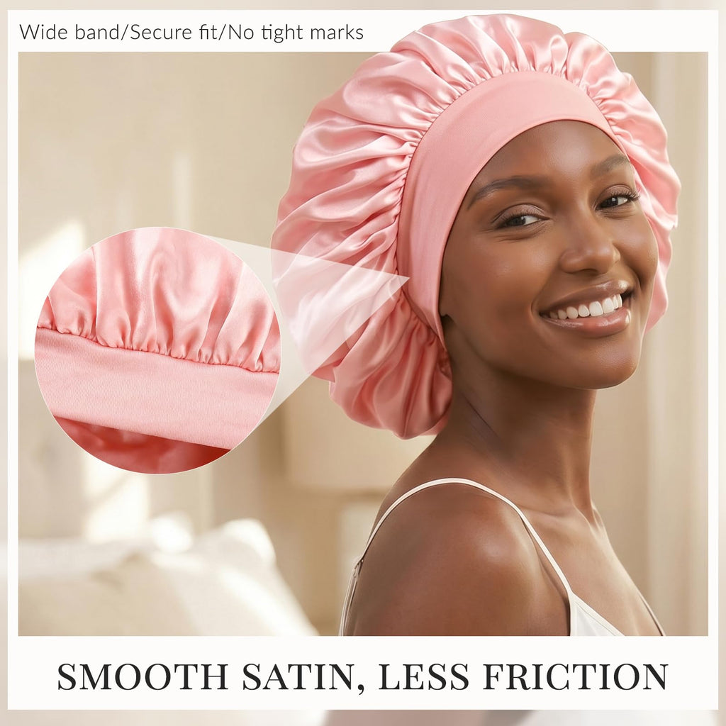 Discover authentic ZHENSILK 3PCS Silk Sleep Bonnets, featuring a secure fit, wide band, and less friction for ultimate comfort.