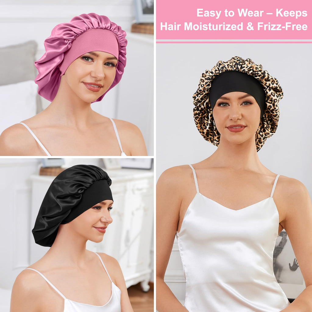 Set of 3 ZHENSILK silk sleep bonnets in pink, black, and leopard print, designed to keep hair moisturized and frizz-free.