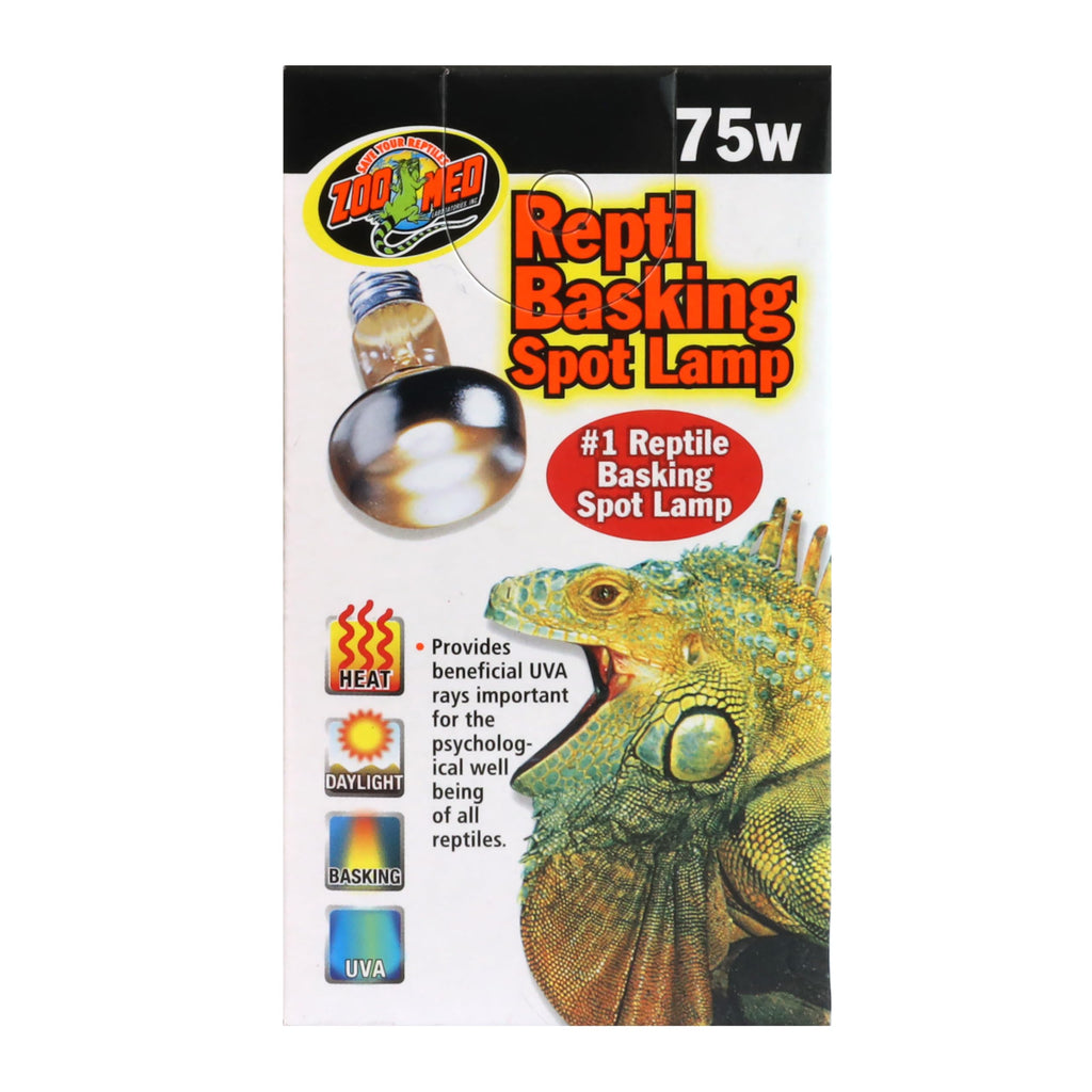 Zoo Med Basking Spot Lamp in official packaging, provides essential heat and light for reptiles. Available at Curat Cart.