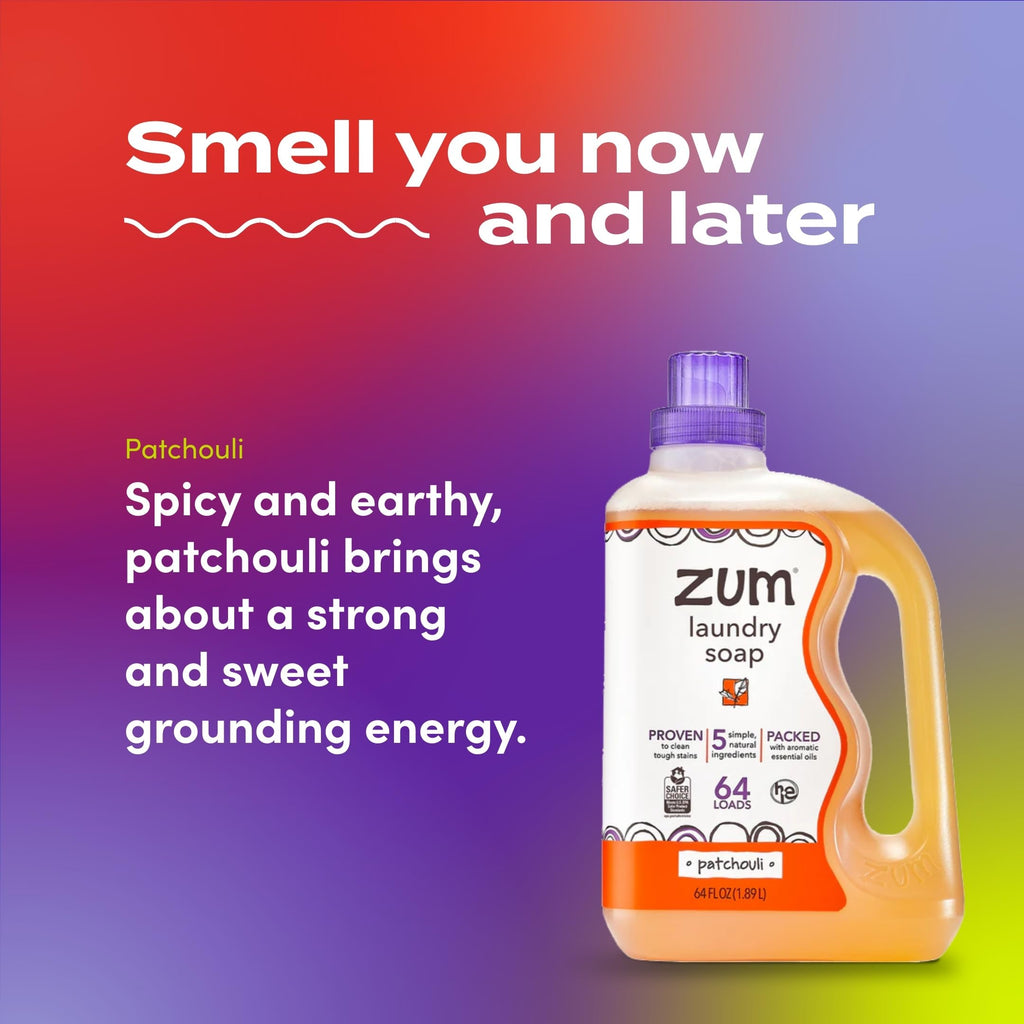 Zum Laundry Liquid Patchouli in high-quality packaging offers a spicy, earthy scent, perfect for 64 loads. Available at Curat Cart.