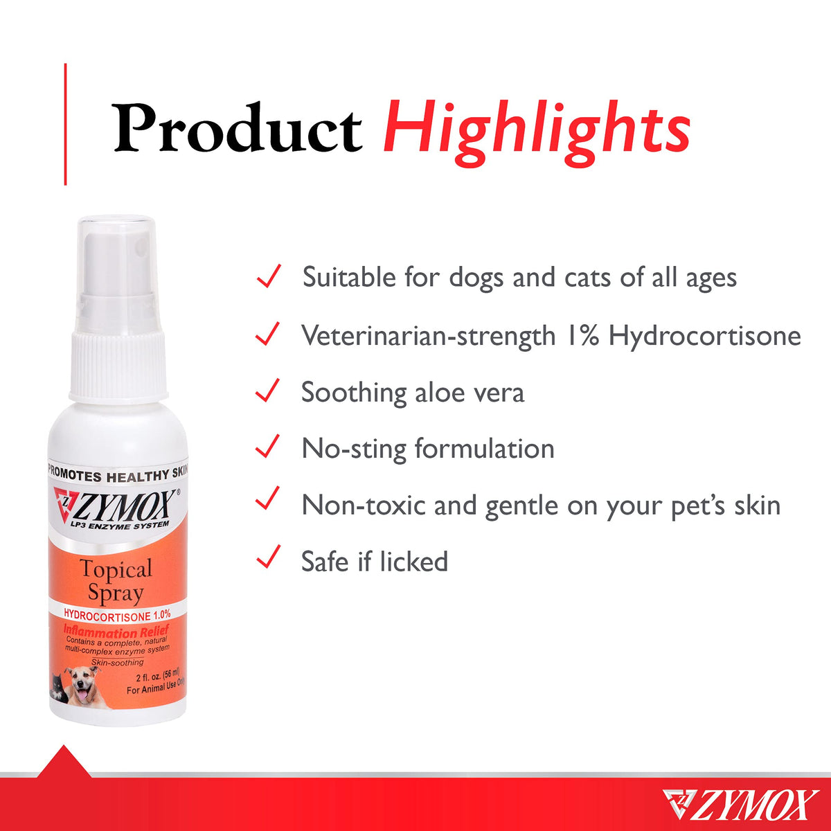 Zymox Hot Spot Spray in official packaging, designed for pets with soothing aloe vera and non-toxic ingredients. Available at Curat Cart.