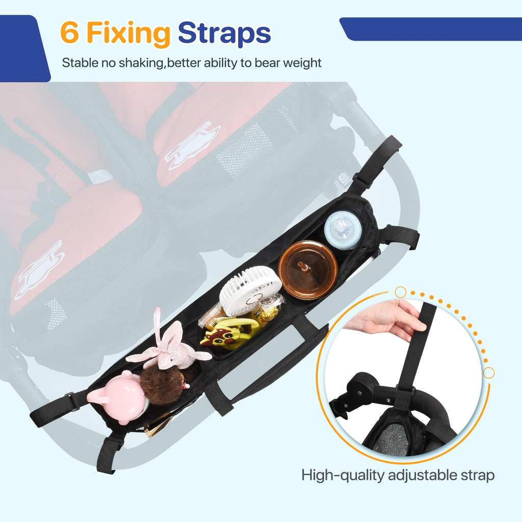 Discover the ZZM Double Stroller Organizer with six fixing straps for stability, exclusively at Curat Cart. Perfect for parents on the go.