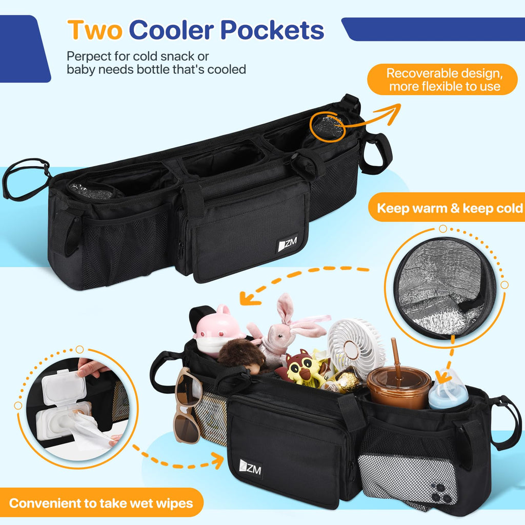 Premium ZZM Double Stroller Organizer in high-quality finish, featuring cooler pockets and convenient wet wipe storage. Available at Curat Cart.