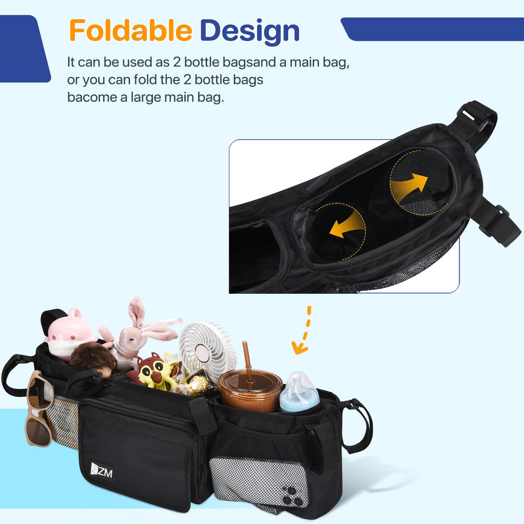 ZZM Double Stroller Organizer features a foldable design, perfect for daily use and organizing essentials. Available at Curat Cart.