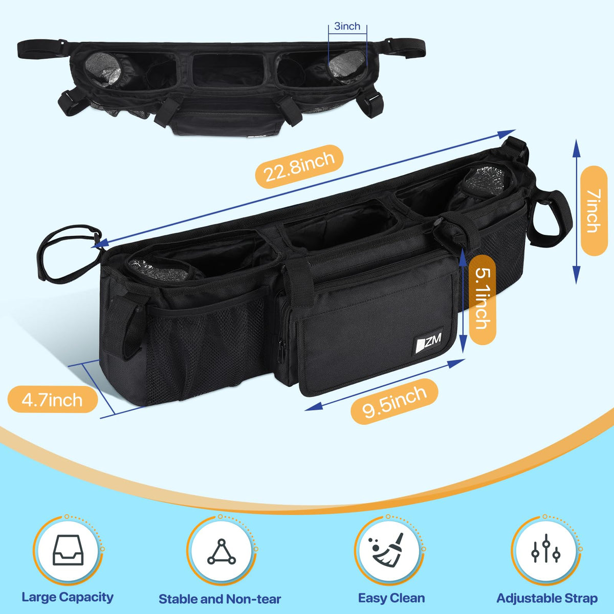 Discover the ZZM Double Stroller Organizer at Curat Cart. 100% Authentic, large capacity, and adjustable strap. Available in India.