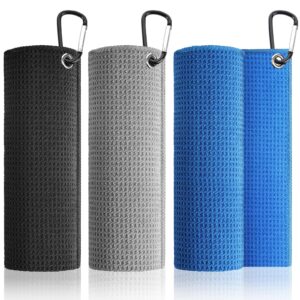 Premium imported golf towels with carabiners in black, grey, and blue. Perfect for your game. Available at Curat Cart.