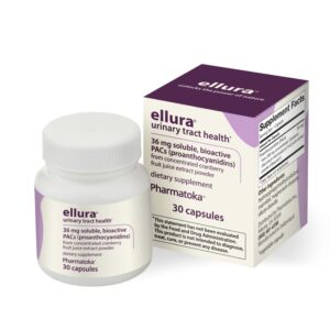 Authentic ellura Cranberry Extract 36mg capsules for urinary tract health. 30 capsules in a genuine package.