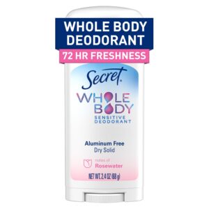 Secret Whole Body Deodorant Stick for Women, Rosewater Scent, Aluminum Free Deodorant Stick, 72 HR Odor Protection, 2.4 oz
