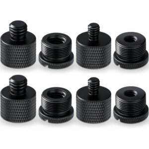 Authentic mic stand adapter set featuring eight durable black adapters for versatile mounting options.