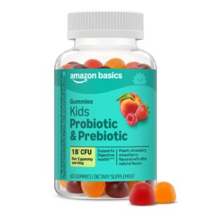 Authentic Amazon Basics Kids Probiotic Gummies in a clear bottle, featuring peach, strawberry, and mixed berry flavors.