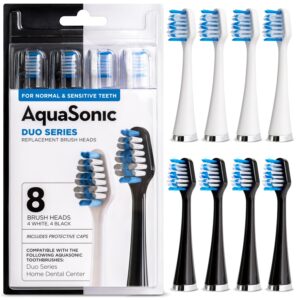 Premium imported AquaSonic Duo Series replacement brush heads, featuring 4 white and 4 black variations. Available at Curat Cart.