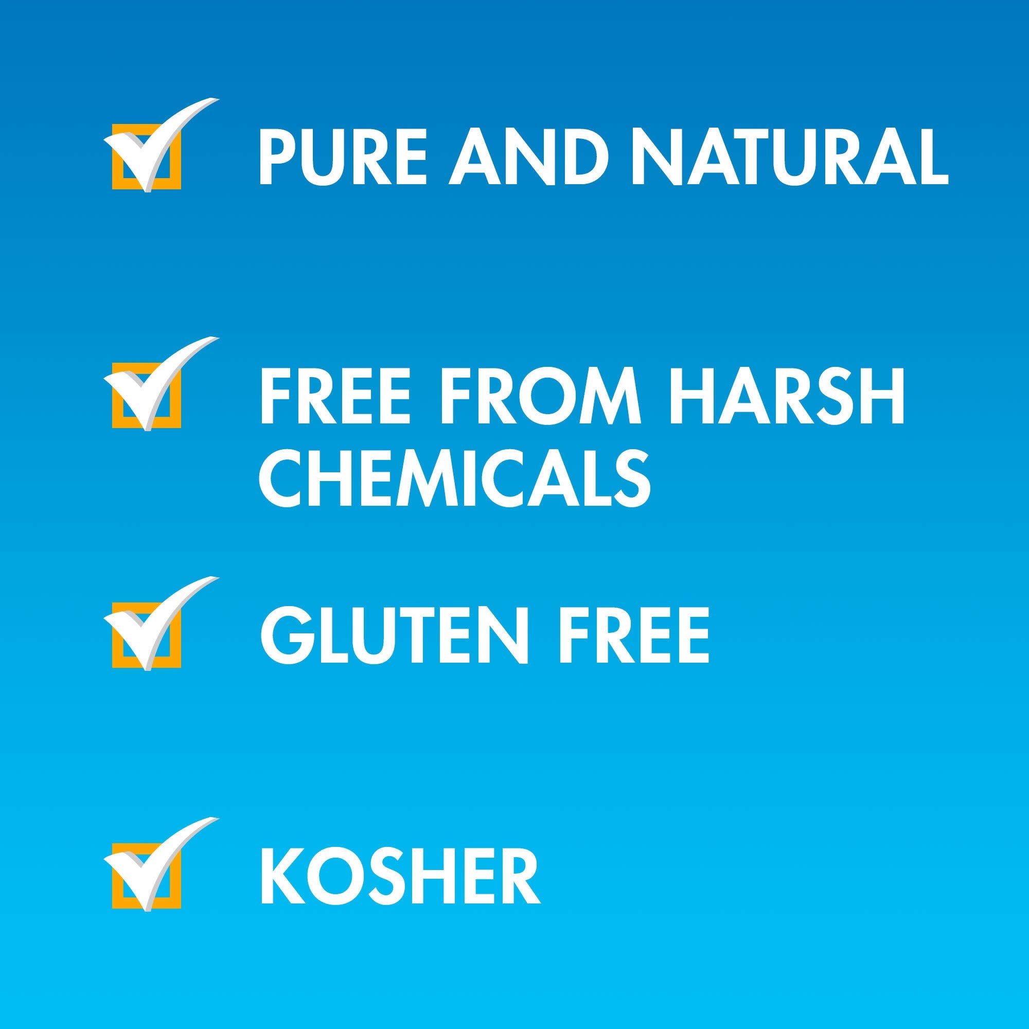 Arm & Hammer Baking Soda showcases its pure, natural, and gluten-free qualities, emphasizing chemical-free and kosher attributes.