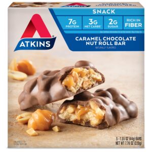 Discover Atkins Caramel Chocolate Nut Roll, a premium imported snack with 7g protein and rich fiber. Available at Curat Cart.