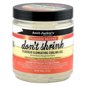 Authentic Aunt Jackie's Flaxseed Curling Gel in a clear jar, enriched with flaxseed and wheat protein for beautiful, defined curls.
