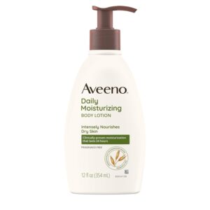 Authentic Aveeno Daily Moisturizing Body Lotion, 12 fl oz, nourishes dry skin for 24 hours, fragrance-free formula.