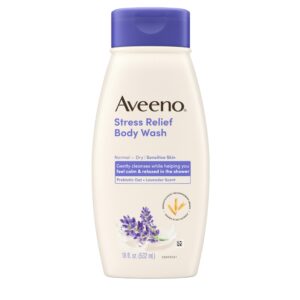 Authentic Aveeno Stress Relief Body Wash, 18 fl oz, gently cleanses and calms with lavender scent for sensitive skin.