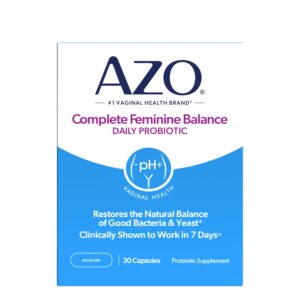 AZO Complete Feminine Balance Probiotics, 30 capsules, restores natural balance of good bacteria and yeast for vaginal health.