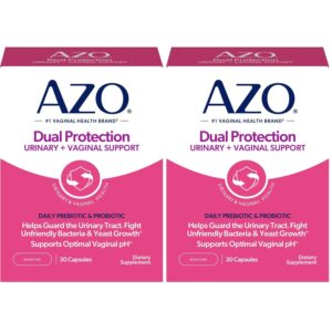 Authentic AZO Dual Protection for urinary and vaginal health, featuring prebiotic and probiotic support in 30 capsules.