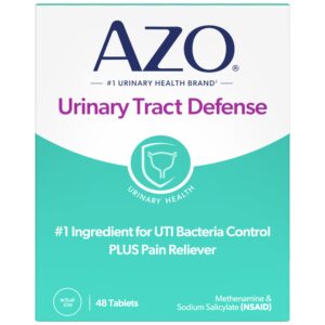 Authentic AZO Urinary Tract Defense for UTI relief, featuring 48 tablets with key ingredients for effective bacteria control.