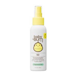 Baby Bum Sunscreen Spray SPF 50, a premium imported mineral sunscreen, offers water resistance and is fragrance-free. Available at Curat Cart.