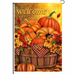 Welcome Fall Garden Flag featuring vibrant pumpkins and autumn leaves. A premium import available at Curat Cart for festive decor.