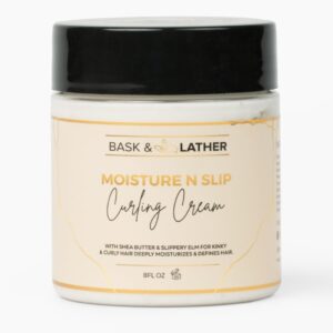 BASK & LATHER Curling Cream, a premium import, enhances and defines curls with shea butter and slippery elm. Available at Curat Cart.