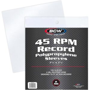 Authentic BCW 45 RPM record sleeves, 100 pack, made of 2 mil polypropylene for optimal record protection.