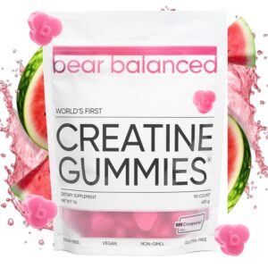 Authentic Bear Balanced Creatine Gummies, world's first, 90 count, non-GMO, gluten-free, with watermelon splash.