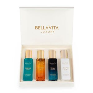 Discover the Bellavita Luxury Unisex Perfume Gift Set, a premium import featuring four exquisite scents, available at Curat Cart.