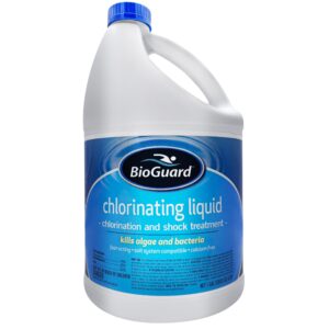 Premium imported BioGuard Chlorinating Liquid Shock for effective algae and bacteria control. Available at Curat Cart.