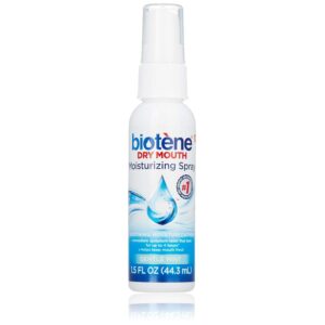 Authentic Biotene Moisturizing Mouth Spray in a 1.5 oz bottle, providing soothing hydration for dry mouth relief.