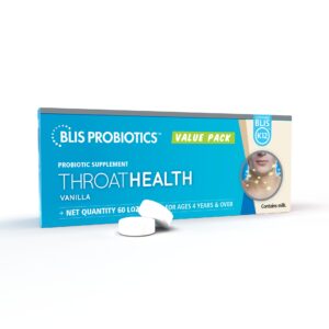 Premium imported BLIS Throat Health Probiotics in vanilla flavor, ideal for ages 4 and over, available at Curat Cart.