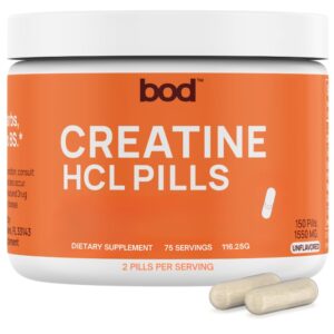 Bod Creatine HCL Pills, 100% genuine dietary supplement, 150 capsules for enhanced performance and recovery.