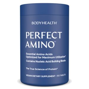 100% Genuine BodyHealth PerfectAmino tablets in a blue container, offering essential amino acids for optimal health.
