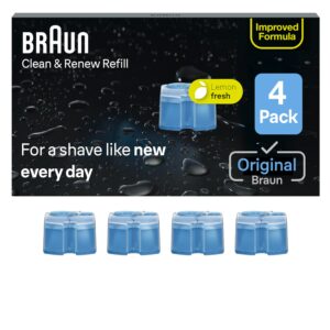 Authentic Braun Clean & Renew refill cartridges in a 4-pack, featuring a lemon fresh scent for a rejuvenating shave.
