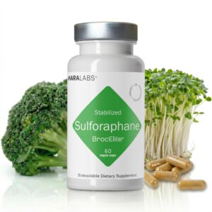 100% genuine BrocElite Mara Labs Plus Supplement featuring stabilized sulforaphane, 60 vegan capsules, alongside fresh broccoli.