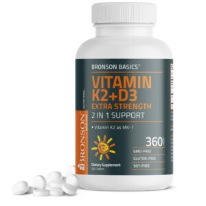 Bronson Vitamin K2 MK-7 and D3, 360 tablets, 100% authentic dietary supplement for bone and heart health.
