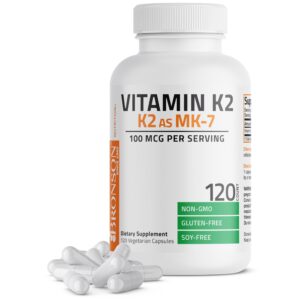Discover Bronson Vitamin K2 MK-7, 100% authentic dietary supplement with 120 vegetarian capsules, non-GMO and gluten-free.