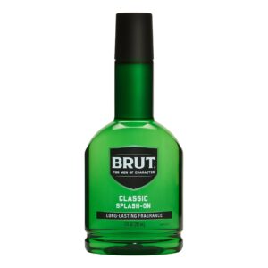 Discover the authentic Brut Splash-On Original Fragrance, a long-lasting scent for men in a stylish green bottle.
