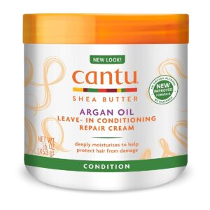 100% Genuine Cantu Argan Oil Leave-In Conditioner, deeply moisturizes and protects hair from damage.