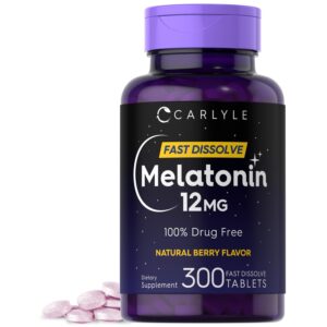 Carlyle Melatonin Fast Dissolve Tablets, 12MG, 100% Drug Free, in natural berry flavor, with 300 tablets.
