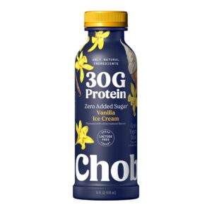 Experience the premium imported Chobani Protein Drink Vanilla Ice Cream with 30g protein and zero added sugar, available at Curat Cart.