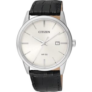 Discover the authentic Citizen Quartz men's watch with a sleek silver dial, leather strap, and date feature. 100% genuine product.