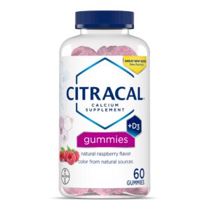 Authentic Citracal Calcium Gummies with Vitamin D3, featuring natural raspberry flavor and 60 gummies per bottle.